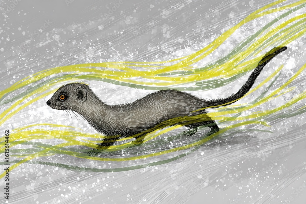 Poster mongoose running swiftly through a stylized landscape with dynamic lines and textures