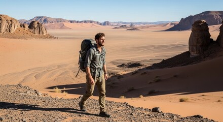 A man hiking in a desert landscape with a backpack, wearing a gray shirt and khaki pants, surrounded by sand dunes and rocky outcrops.
