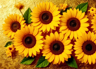 Fototapeta premium Rustic Golden Background with Fresh Vibrant Sunflowers in Bloom