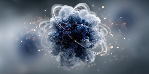 Blue cloudy atom core with spinning electromagnetic glow and flying particle sparks, scientific visual effect.

