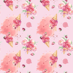 Ice cream with flowers in pink tones in watercolor.