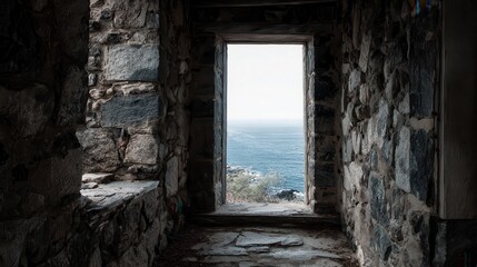 High quality photo of view of ocean through window of stone building.