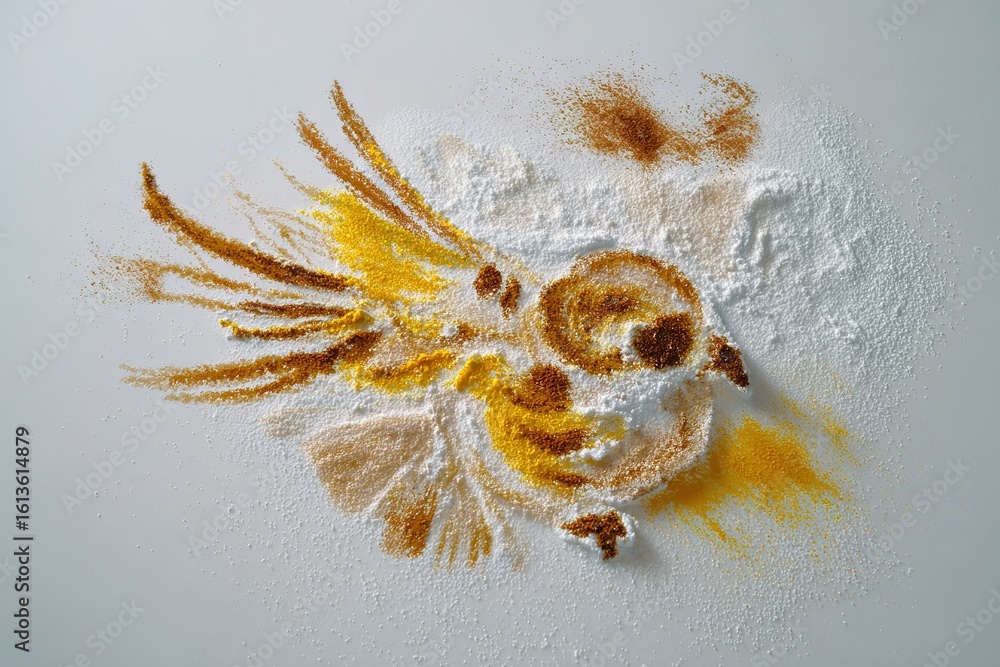 Poster artistic creation of a bird using colored powders on a white surface