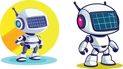 Cute white robot character with solar panel screen and antenna in two poses vector illustration isolated on white and yellow circle background concept for