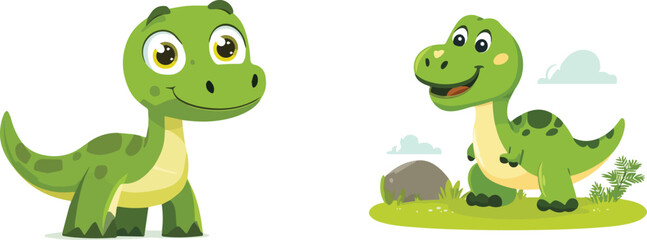 Fototapeta premium Cute Green Dinosaur Cartoon Characters Vector Illustration Set Isolated On White Background For Kids Fashion Design Prints Textile Products Stickers