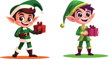 Christmas Elves Holding Gifts vector illustration isolated on white background Festive Holiday Cheerful Santa Claus Helpers Cartoon Characters for Greeting