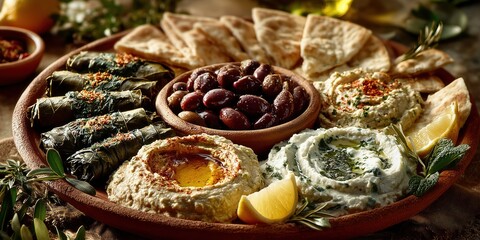 Mediterranean appetizer platter featuring a variety of dips including hummus and tzatziki, surrounded by dolmas (stuffed grape leaves)