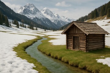 A rustic wooden cabin in a snowy mountain valley with a winding stream, a landscape scene with almost comic book perfection.