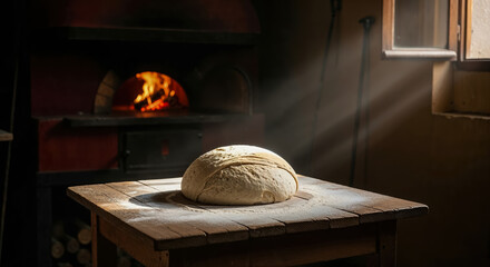 Formed dough into round loaf resting on table before baking in wood fired oven, early morning in traditional village bakery, aroma of fresh bread, local traditional business