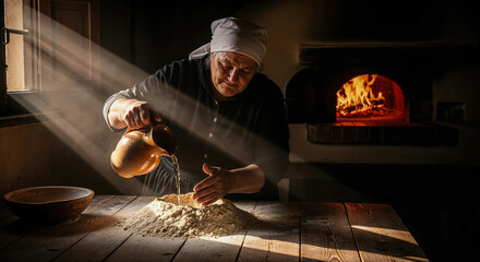 Early morning in bakery, an elderly baker pours spring water into flour on the table, concept of making bread in traditional way at home, a wood-burning oven is fired up for baking morning bread
