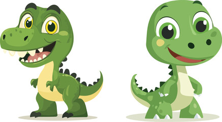 Two cute baby dinosaur characters one with teeth showing and one without teeth vector illustration isolated on white background concept for print web