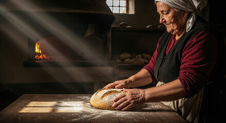 Grandma places freshly baked fluffy loaf of bread on old dark oak table, old wood stove with barely smoldering corners, rays of morning sun in bakery, traditions of home local bakeries