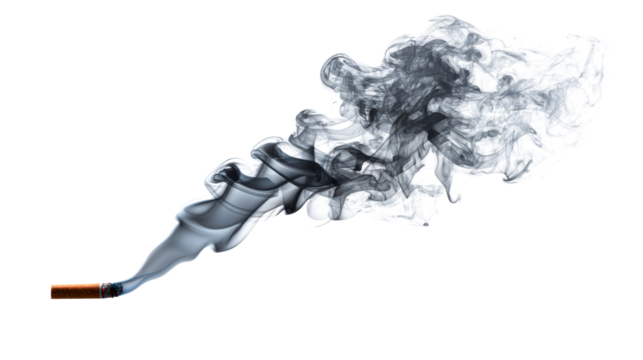 Cigarette with swirling smoke rising in a transparent background