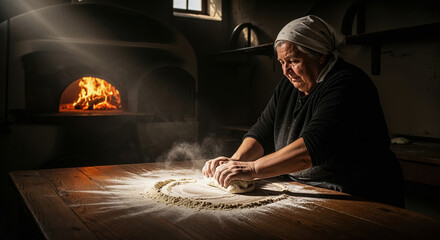 Senior woman kneading dough by hand for making bread on old steel in home bakery, early morning, copy space about small business and traditional bakeries in the area