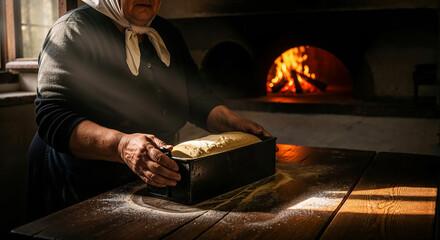 Traditional home bakery concept, elderly woman hands putting dough into baking pan, early morning, burning oven for baking bread on background, home bakery traditions.