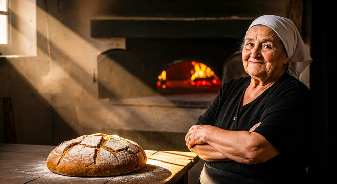 Elderly smiling woman standing with arms crossed, to fluffy loaf of bread table, wood-fired oven for baking bread, morning sun rays through window, copy space concept about local traditional bakeries