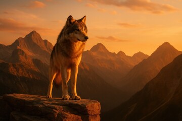 A majestic wolf stands proudly on a rocky cliff, surveying a vast mountain range during a spectacular golden sunset.