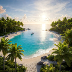 A beach with a paradisiacal landscape that invites you to take a stroll, vacation, or even live there.
