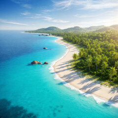 A beach with a paradisiacal landscape that invites you to take a stroll, vacation, or even live there.

