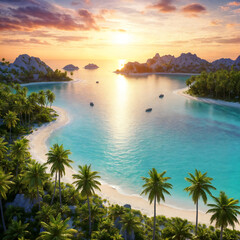 A beach with a paradisiacal landscape that invites you to take a stroll, vacation, or even live there.
