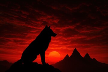 Powerful wolf silhouette on a mountain cliff overlooking a dramatic, fiery red sunset sky.