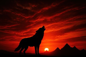 A lone wolf howls in silhouette against a dramatic, fiery red sunset sky over a mountain range.
