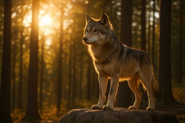 Profile of a majestic gray wolf standing on a rock, illuminated by the golden light of sunset in a dense forest.
