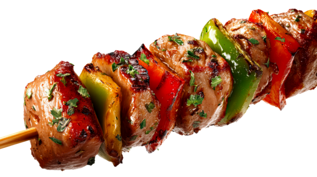 Grilled meat and vegetable kebabs on a skewer with fresh herbs