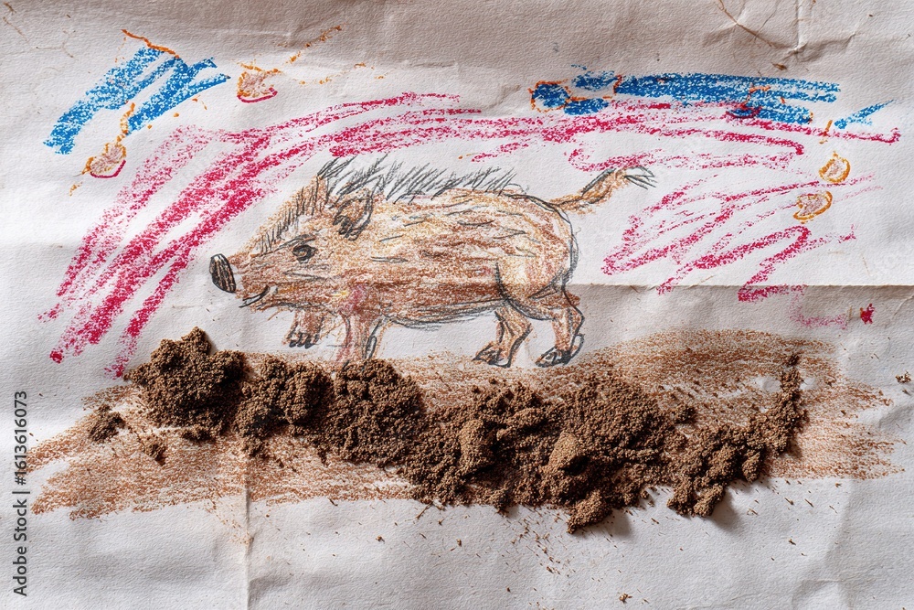 Poster creative drawing of a wild boar with texture made from sand on paper with colorful background