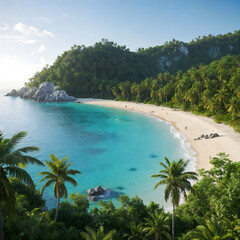 A beach with a paradisiacal landscape that invites you to take a stroll, vacation, or even live there.
