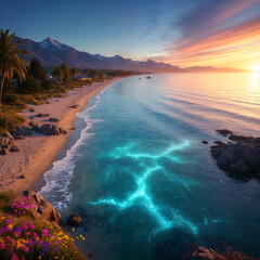 A beach with a paradisiacal landscape that invites you to take a stroll, vacation, or even live there.
