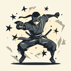 Ninja in black clothes attacking pose surrounded by stars vector illustration for prints posters stickers web design logo and icons