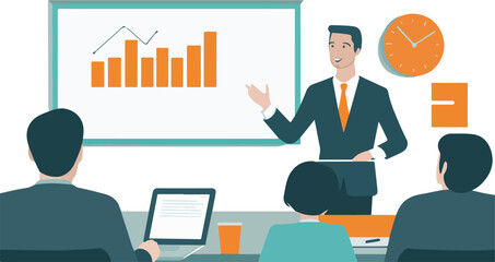 Fototapeta premium Businessman giving a presentation to his colleagues in a meeting room vector illustration concepts for business meeting conference presentation and