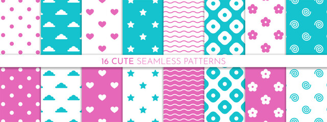 Cute seamless pattern set. Baby backgrounds.