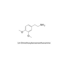 3,4-Dimethoxybenzeneethanamine skeletal structure. Phenethylamine compound schematic illustration. Simple diagram, chemical formula.