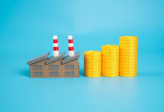 Industrial plant and growing stack of coins. Enterprise income. Payment of taxes. Industrial profitability and contribution to national budgets. Economic development. Tax from successful enterprises.