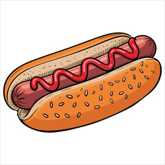 Classic hot dog with sausage, bun, and mustard in outline vector, American street food design ideal for barbecue visuals and appetizer illustrations