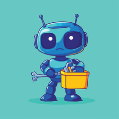 Cute Blue Robot Handyman Holding Wrench and Toolbox Vector Illustration on Turquoise Background