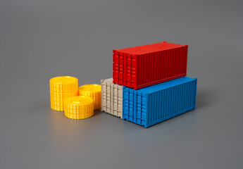 Commercial sea containers and a stack of coins. Trade and commodity circulation. Global trade...