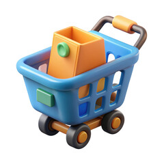 Blue cartoon shopping cart with orange box and items isolated on transparent background