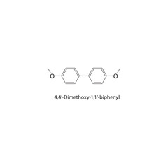 4,4’-Dimethoxy-1,1’-biphenyl skeletal structure. Biphenyl compound schematic illustration. Simple diagram, chemical formula. © Basstock