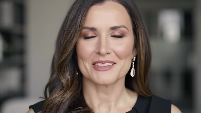 Smiling Woman With Sparkly Hair Wearing Drop Earrings in Blurred Interior