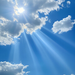 Sunny day. Blue sky with white clouds and sun. Sunburst With Lens Flare. Heavens with bright weather, summer season outdoor, Blue sky background with white clouds and sun.