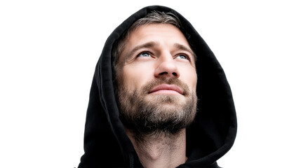 Man in hoodie looking upward with a thoughtful expression