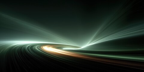 Sweeping emerald and gold light trails curving into a vanishing point, dark glossy surface.

