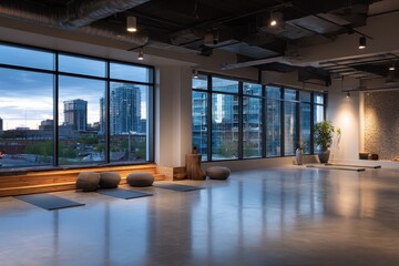 Modern Yoga Studio with City View.