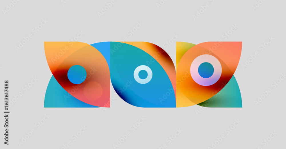 Poster abstract colorful shapes overlap, creating dynamic visual composition. gradients blend orange, blue,