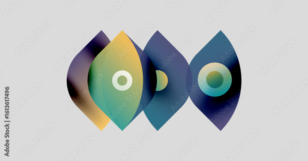 Poster abstract graphic design features overlapping colorful shapes. gradient hues blend, creating dynamic 