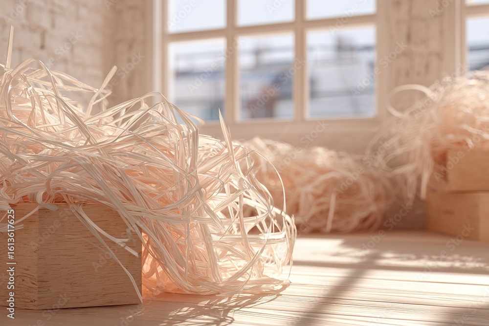 Poster soft strands of material lie scattered in a sunlit room creating a warm atmosphere for crafting acti
