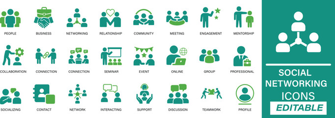 social networking icon set with bold, filled designs representing people connection, community, collaboration, and communication. Perfect for social apps, websites, and business tools.


